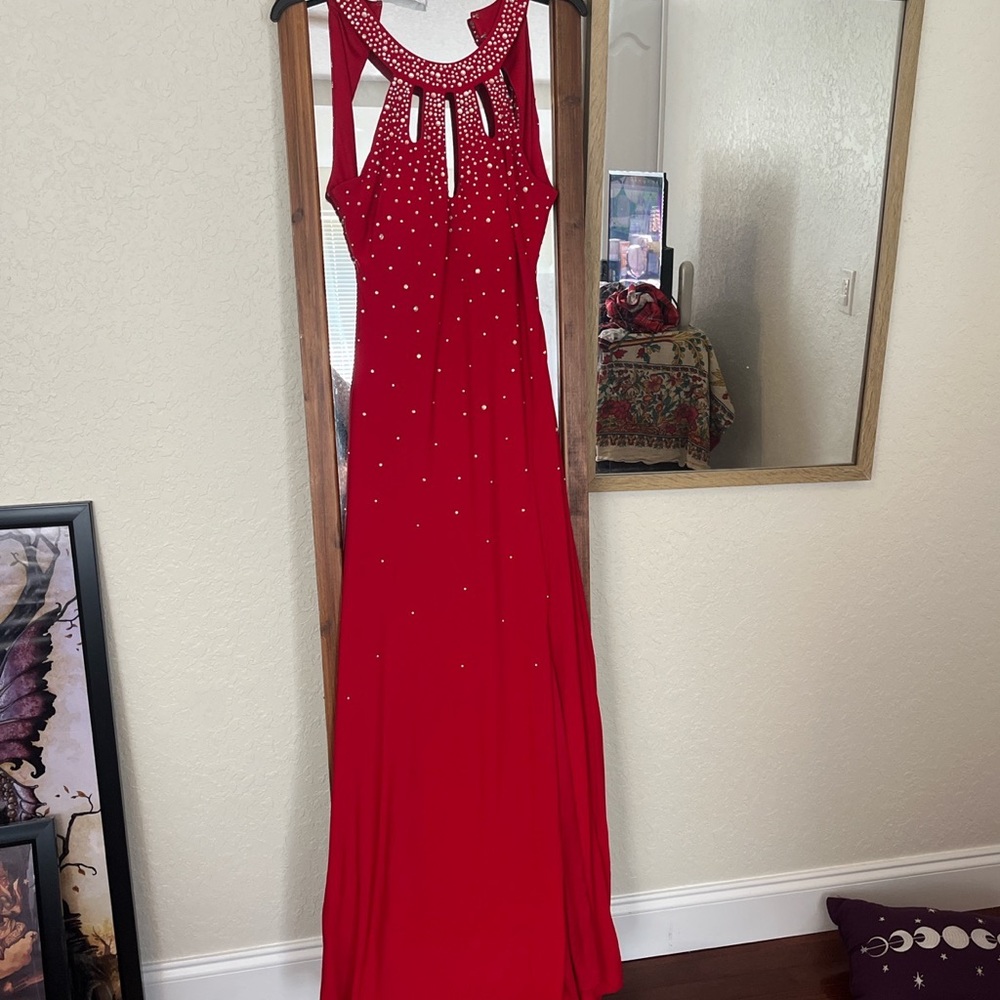 Red floor length formal/prom dress.